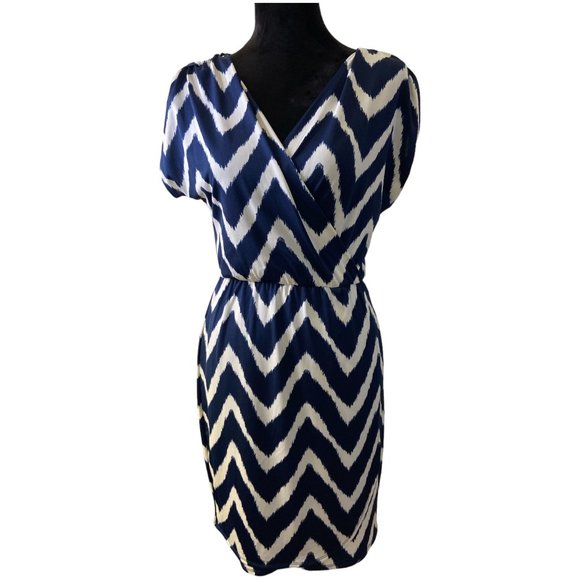 Corey P Womens Navy & White Chevron Faux Wrap Dress Size Small - Picture 1 of 5